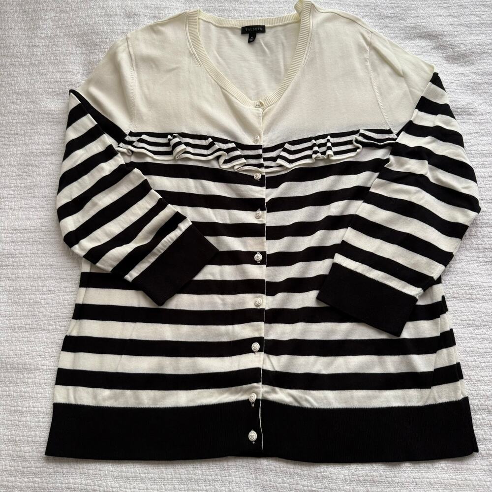 XL Talbots Black and White 3/4 Sleeve Cardigan with Ruffle